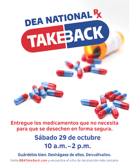 A graphic with DEA Take Back Day and the date Oct. 20 with capsules below the words.
