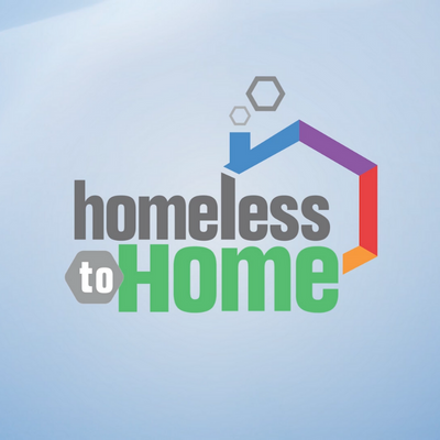 A logo that says Homeless to Home with a outline of a rooftop and house.