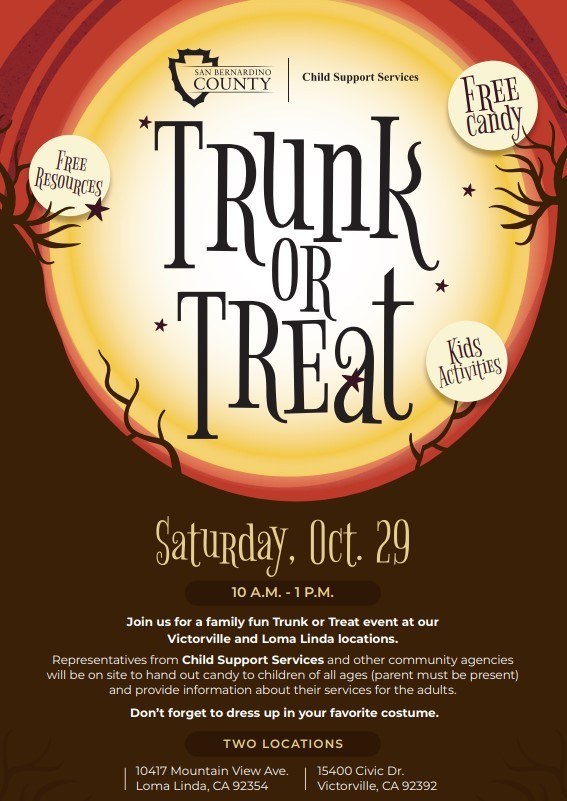 A graphic flier with the word Trunk or Treat in a lit circle with spooky tree limbs on the edges and brown color on bottom.