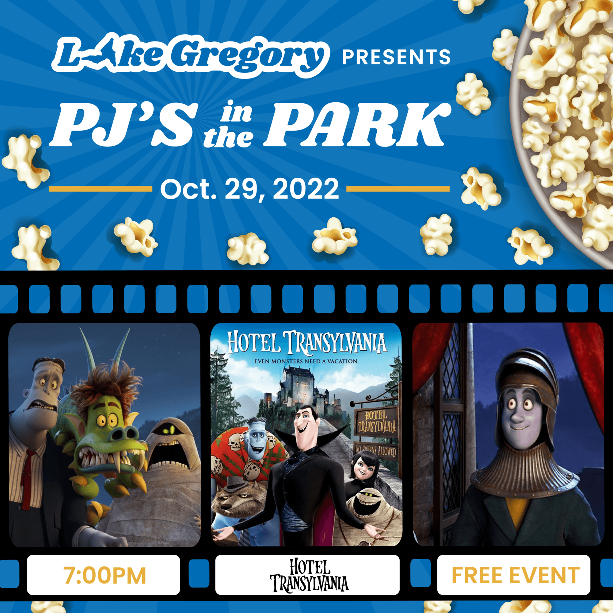 A graphic with popcorn on the top and the word Lake Gregory presents PJ's in the Park Oct. 29.