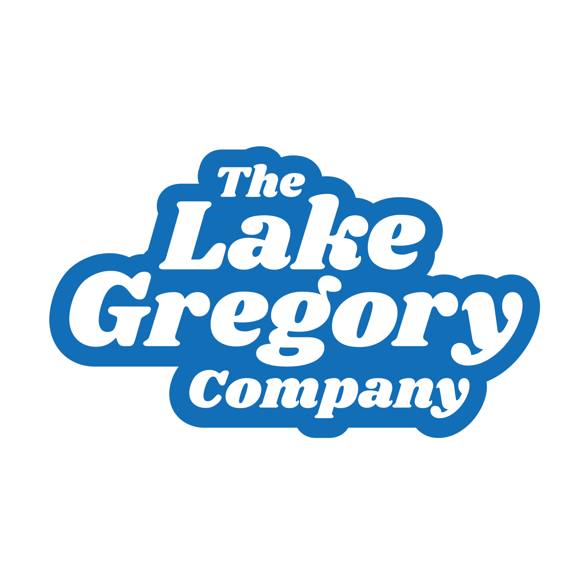 The Lake Gregory Recreation Co. logo in white puff cloud font with a blue outline.