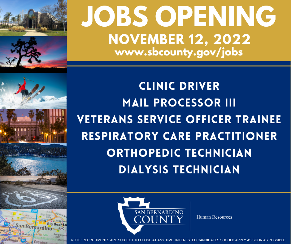 A graphic listing all County job openings on Sat. Nov. 12.