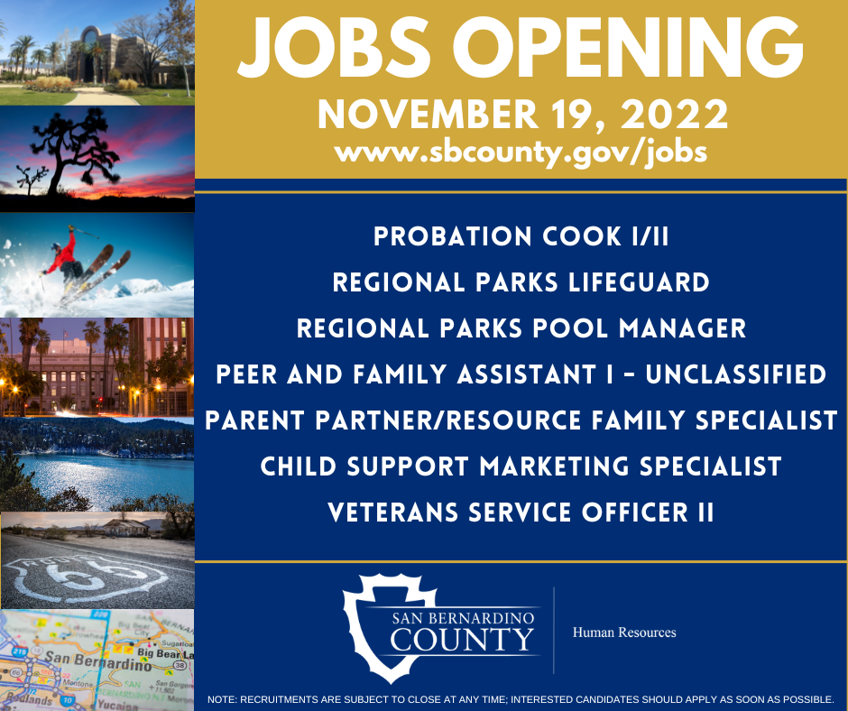 A graphic with the county logo list jobs that will open up on Saturday, Nov. 19.