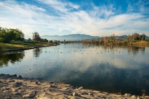A landscape photo of a lake with trees and mountains in the distance and grass to the left under a blue cloudy sky.