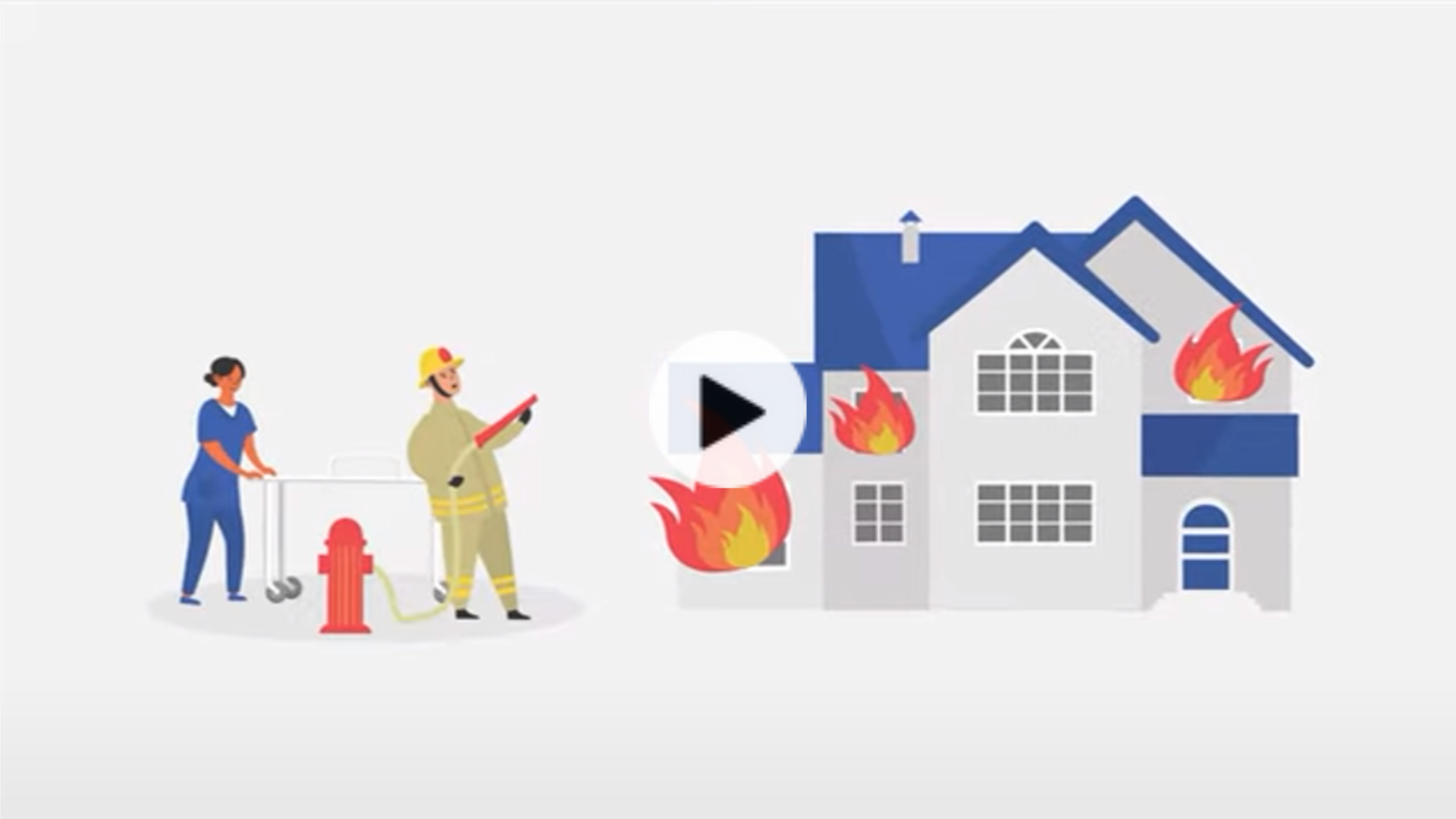 A graphic of a house on fire on the right and a firefighter with a hose on the left standing next to a woman near a fire hydrant.