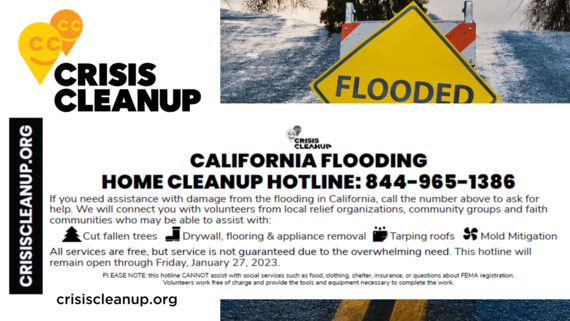A graphic with the Crisis Cleanup log of water drops and the California Flooding hotline phone number.
