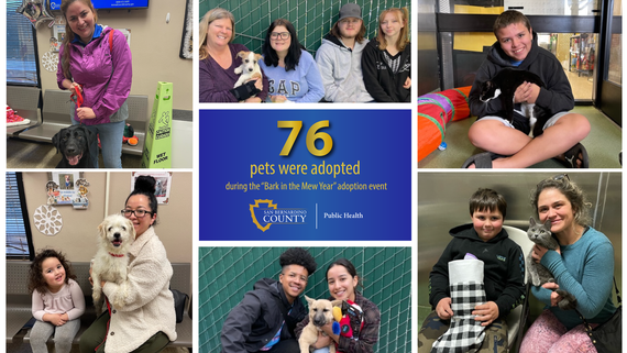 A collage of pet owners shown with their newly adopted pets.