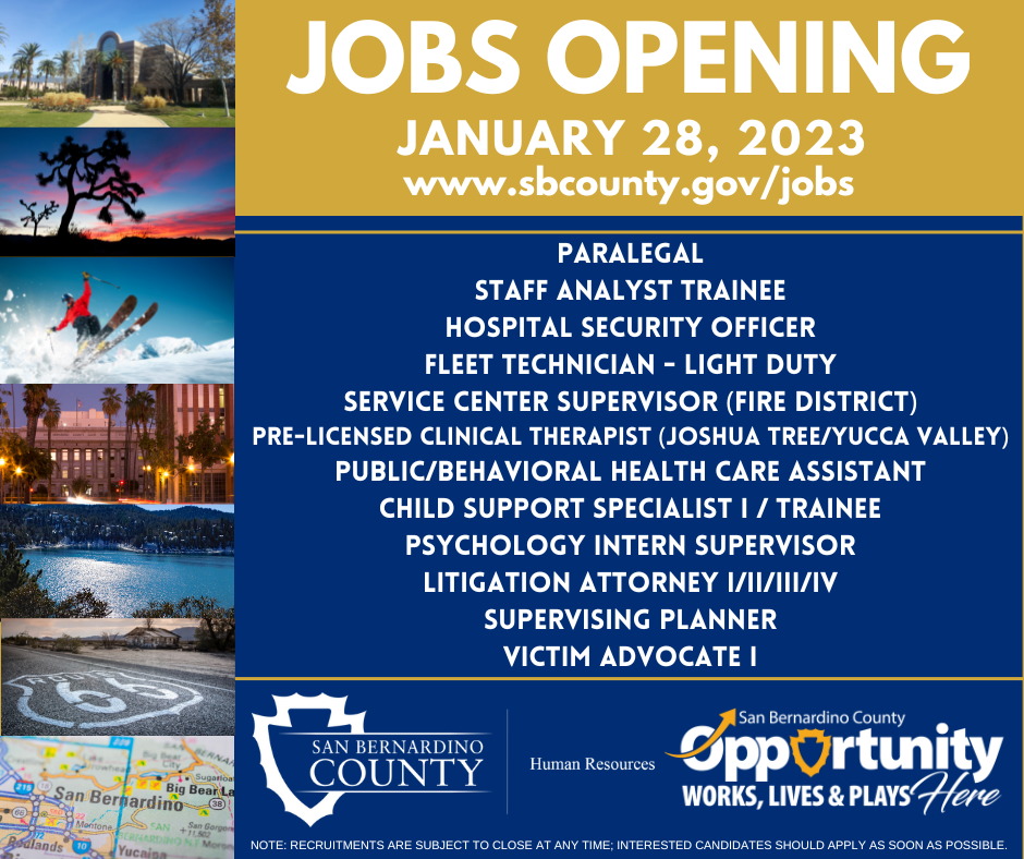 A graphic with a listing of new job openings at the County with the County logo.
