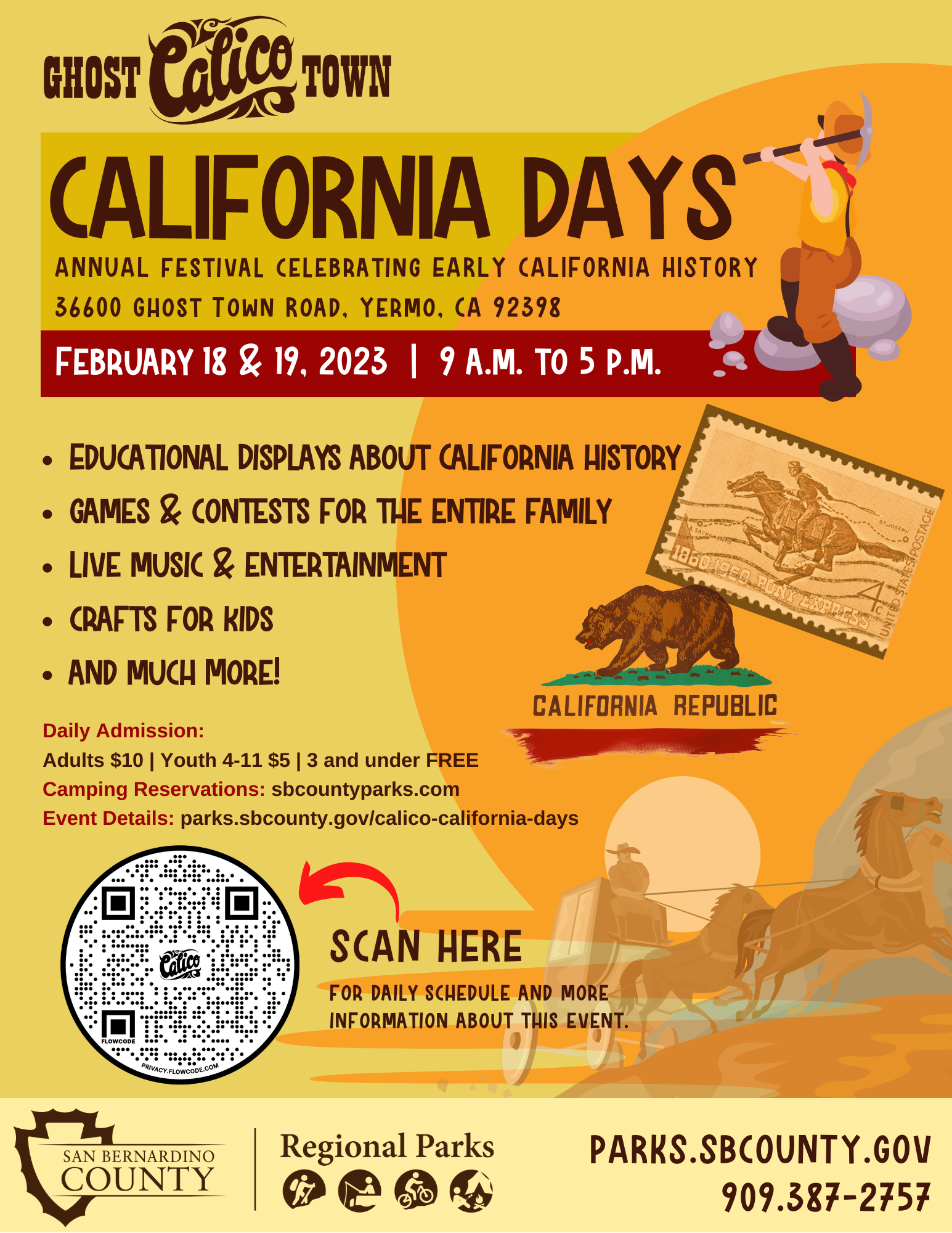 An Old-West graphic background with a QR code and the date of February 19-19, 2023 and California Days event title.