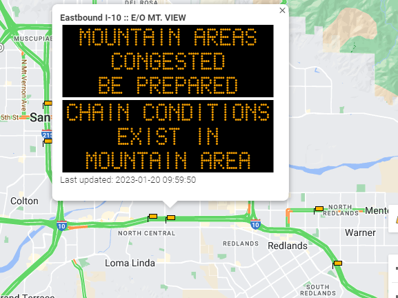 I-10 Mountain areas congested be prepared chain conditions exist in mountain area