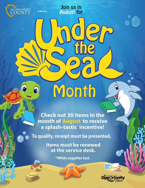 A graphic of a cartoon sea turtle and dolphin in an underwater setting with sand, starfish, little lobster and air bubbles.