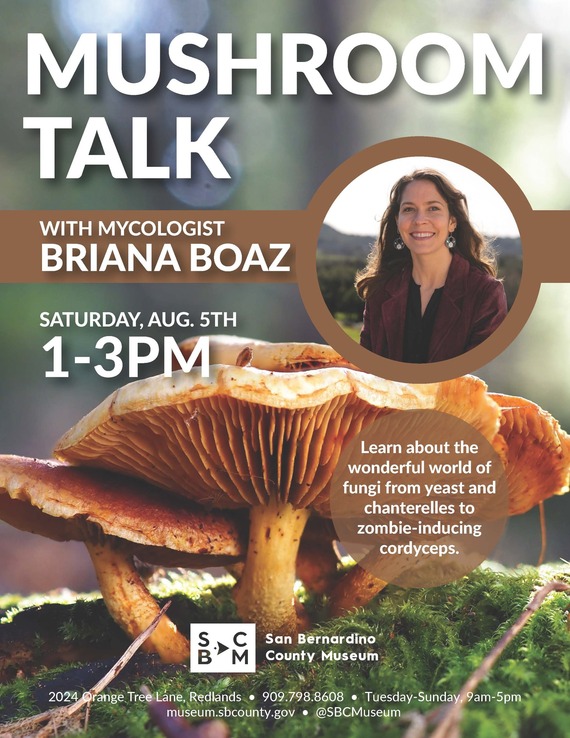 A photo of Mycologist Briana Boaz in a circle with an enlarged photo of a mushroom in the middle of the flier.