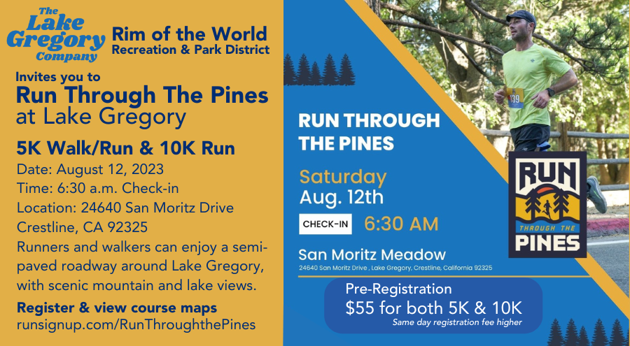 A graphic with a man running a course through trees and a graphics of pine tree and a logo with information about the event.