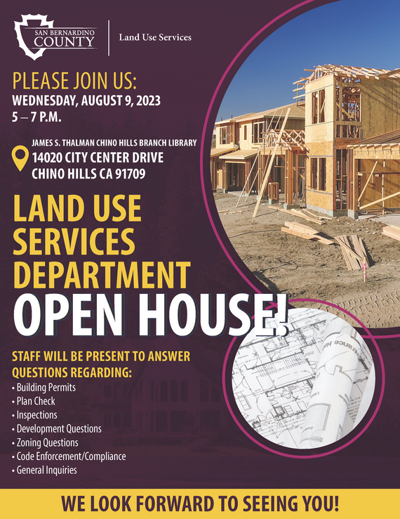 A flier depicting housing construction and architecture plans advertising the open houses being held by the Land Use Service Department.