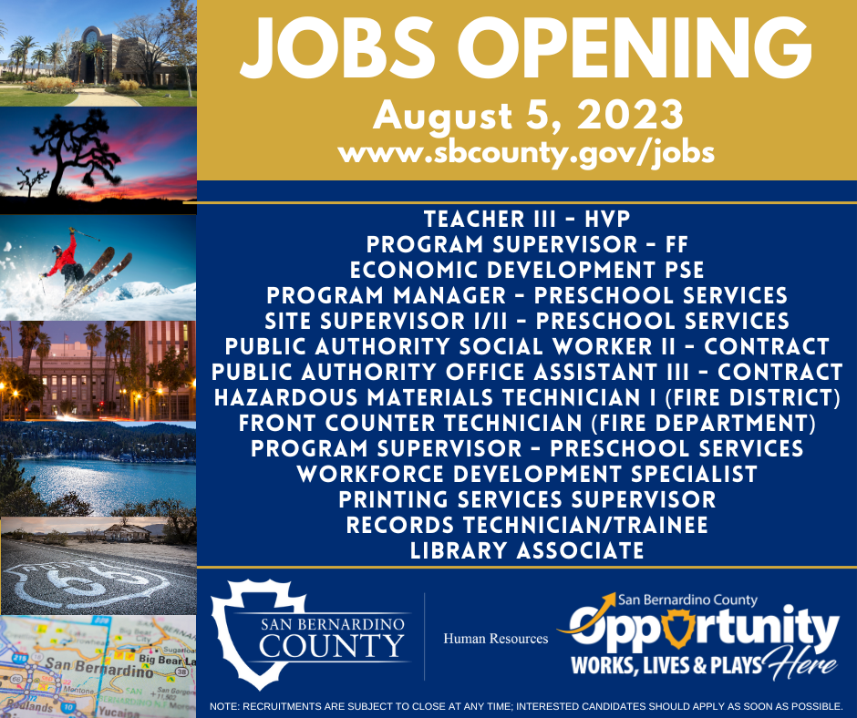 A listing if current job openings in San Bernardino County.