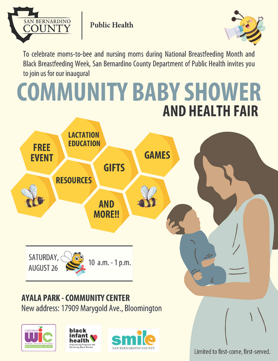 A graphic image of a woman holding a little baby and the a cartooonish bee in the top right corner with a bullhorn announcing the event.