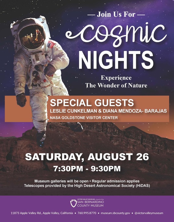 A colorful flier with a purple background and a starry sky with an astronaut and rocky mountainous formations under foot.