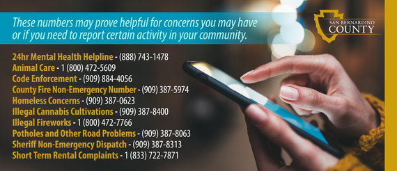 A graphic with a photo of a woman holding a cell phone and a list of important county phone numbers.