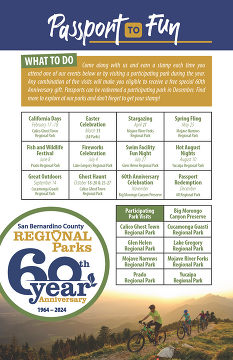 A graphic with bingo-style squares listing all anniversary events for the year with the new 60-year anniversary park logo.