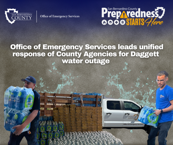 A graphic with San Bernardino County emergency workers carrying packs of bottled water with a county truck in the background.