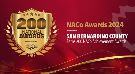 A graphic advertising the NACo awards with a gold medal with the number 200 against a dark burgundy background.