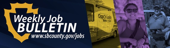A banner divided into four sections with text that says Weekly Job Bulletin and website information www.sbcounty.gov/jobs. 