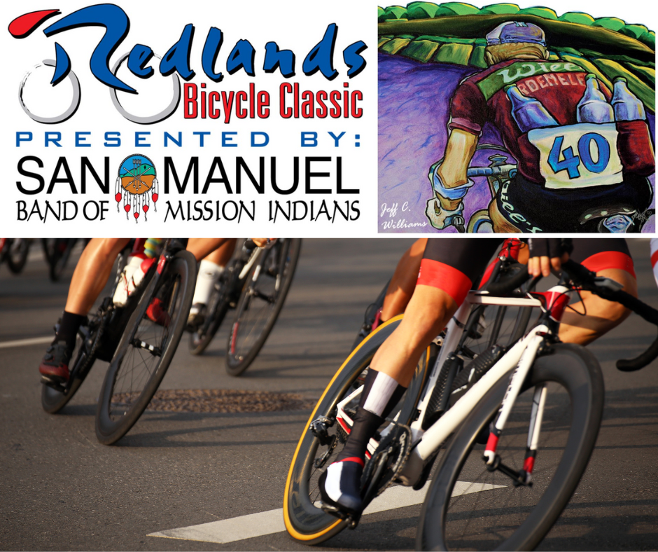 The Redlands Bicycle Classic Logo sits on top of a picture of professional bike riders.