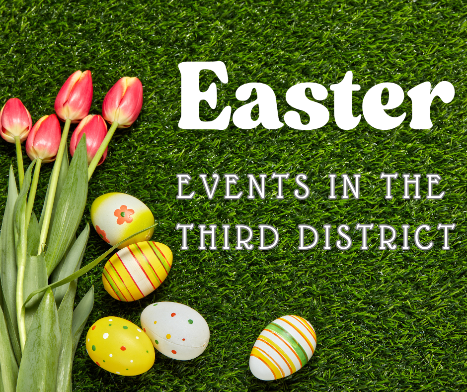 An Easter scene with green grass, flowers, colored eggs and the words EASTER EVENTS IN THE THIRD DISTRICT