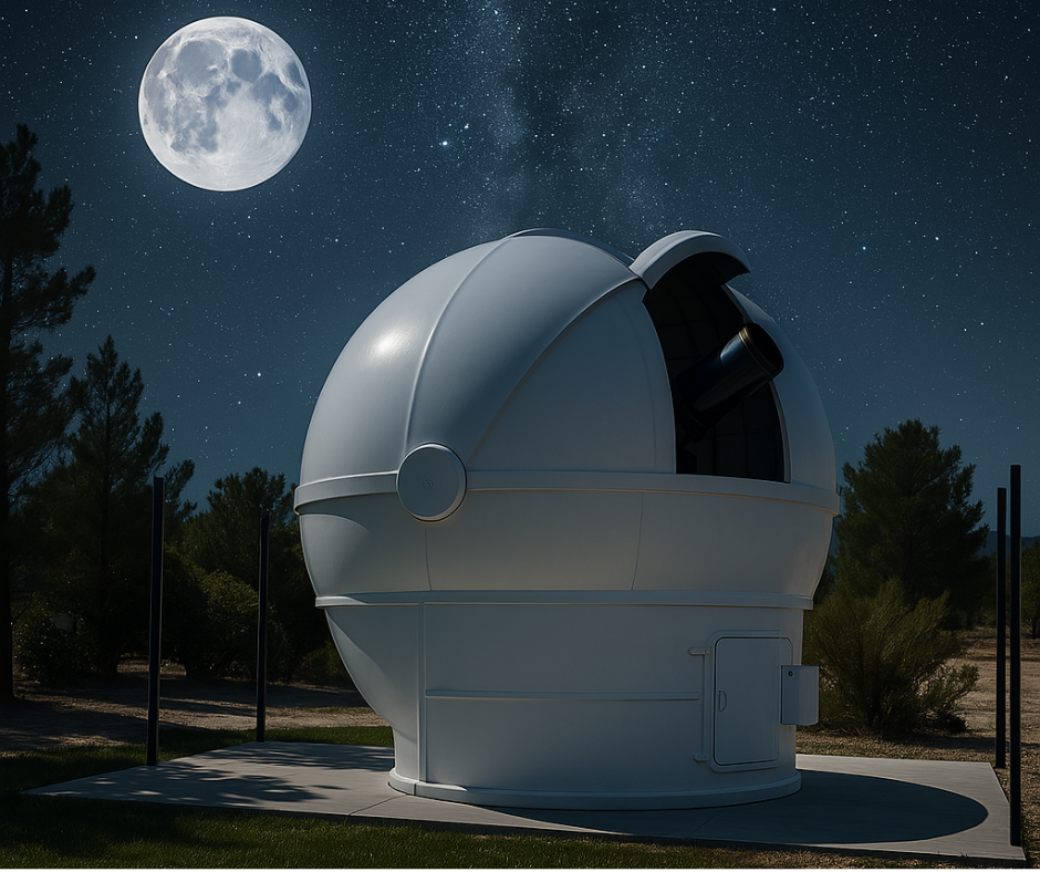 The observatory at the Janice Horst Library in Lucerne Valley against a night sky with a full moon.