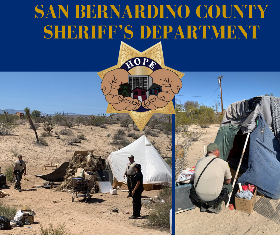 Photo montage from recent homeless outreach efforts and the words SAN BERNARDINO COUNTY SHERIFF'S DEPARTMENT along with the HOPE Team logo.