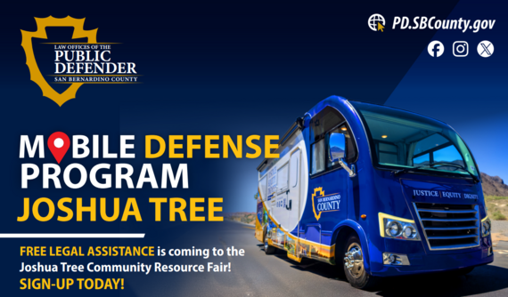 The San Bernardino County Public Defender's Office poster announcing a free legal assistance event coming to Joshua Tree on May 14.