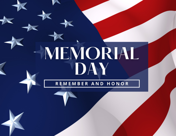 An American flag with the words Memorial Day: Remember and Honor emblazoned across the top.