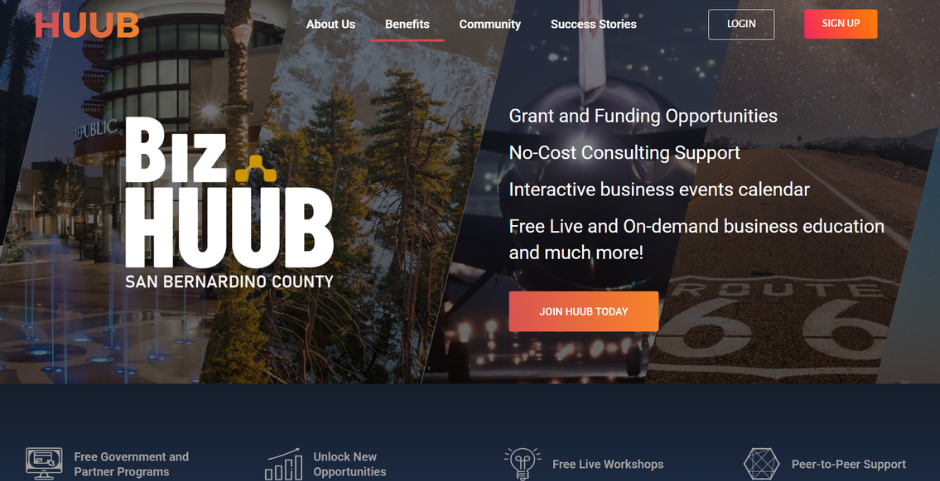 Homepage of Biz-HUUB platform showing key features: free grants, consulting, and events calendar. Includes navigation menu, login