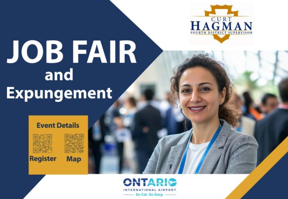 Job Fair & Expungement event flyer with QR codes to register and view map, Curt Hagman & Ontario Airport logos, smiling woman on blue-gold background.