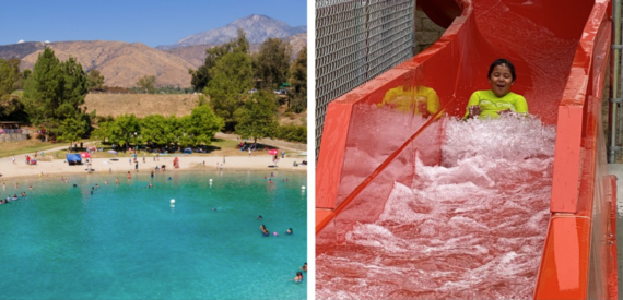 Yucaipa Regional Park next to a close up of a kid enjoying a ride down a red water slide.