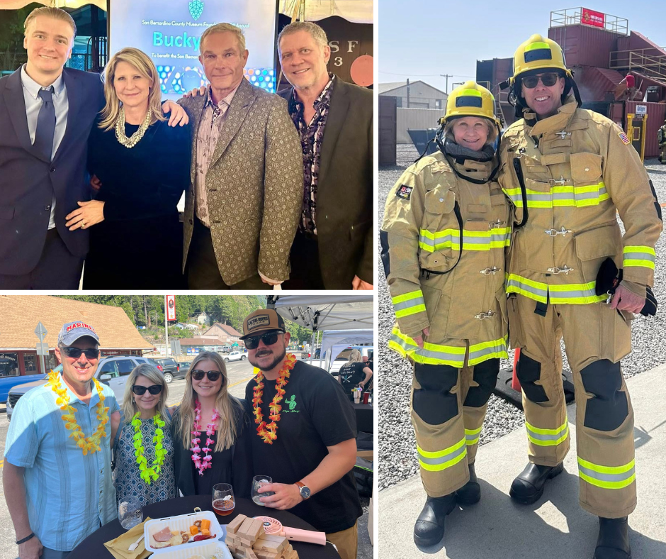 Montage featuring Supervisor Rowe with family & staff at Bucky Ball, Corks & Hops, & Fire 101 training presented by San Bernardino County Fire