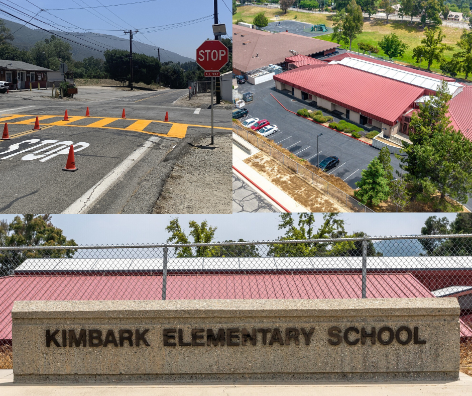 Aerial view of Kimbark Elementary, street view of school's stone sign, and a shot of the newly painted crosswalk near the school