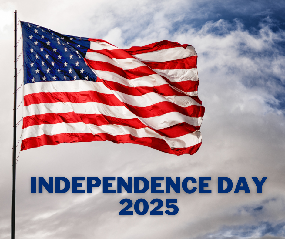 An American Flag waves against a party cloudy sky with the words INDEPENDENCE DAY 2025