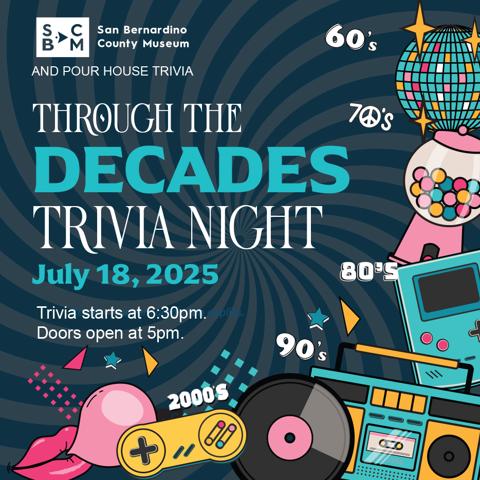 Collage announcement for a vibrant trivia night on Friday, July 18, 2025, 5 - 9 p.m. 