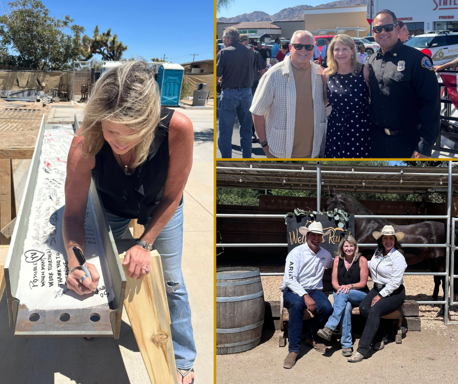 Photo montage of Supervisor Rowe signing a beam, at a Stater Brothers grand opening in 29 Palms, and sitting with the founders of Wellness Ranch