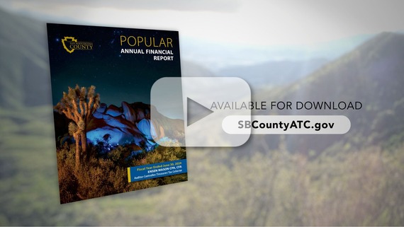 Annual financial report with scenic backdrop, marked as available for download at SBCountyATC.gov. Play button is also visible. 
