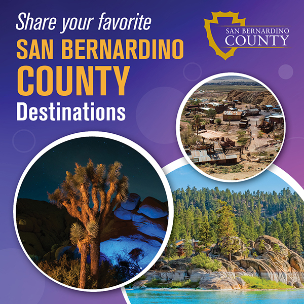 A graphic featuring three circular photos displaying a desert town, a Joshua tree under a starry sky, and a forested mountain area.