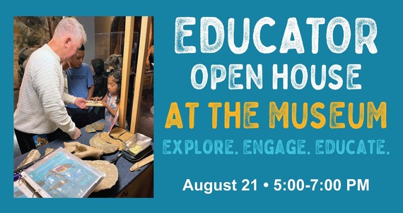 Educator shows kids exhibits at the San Bernardino County Museum--banner promotes the upcoming Educator's Open House