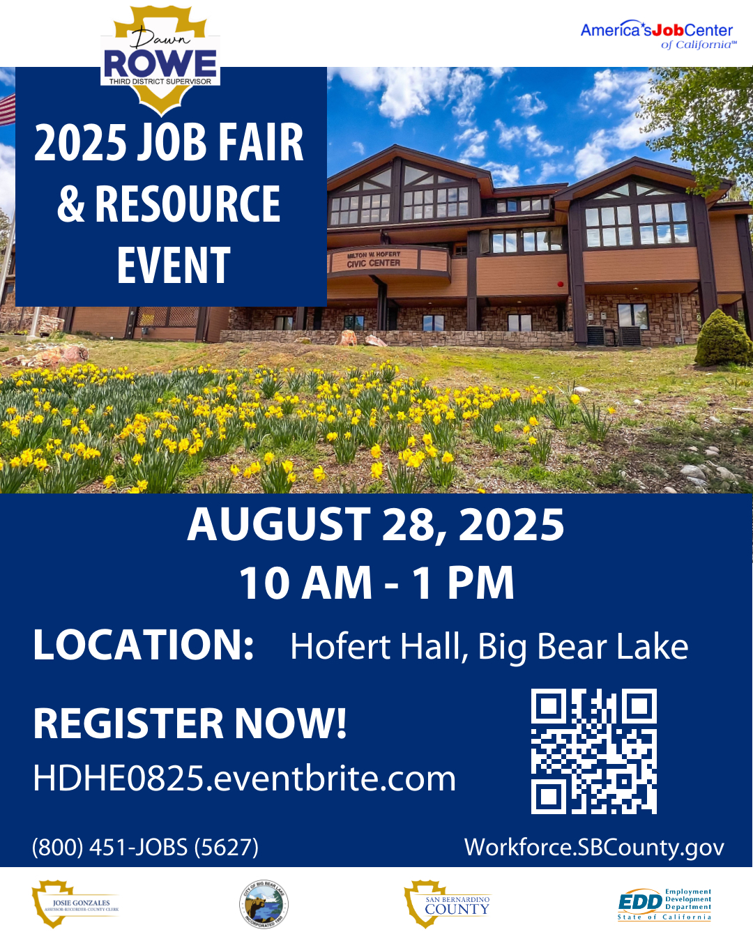 the event poster announcing the Big Bear Lake Job and Resource Fair, which takes place Thursday, August 28 at Hofert Hall in Big Bear Lake