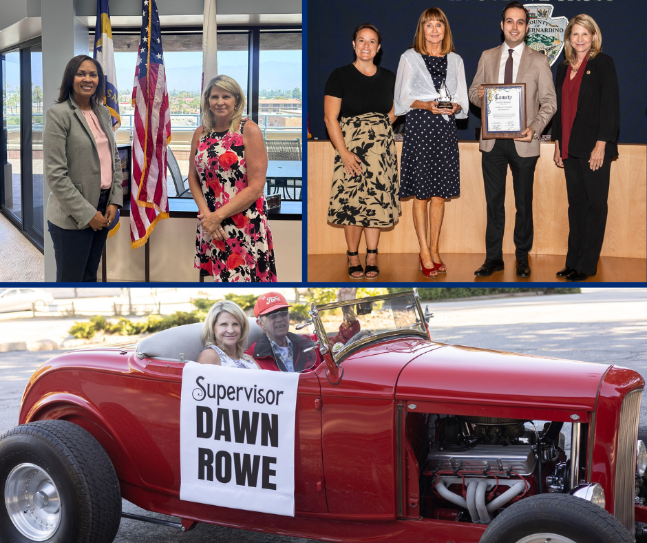 Montage shows Supervisor Rowe with state water official, Redlands Chamber of Commerce, & in Grand Marshal vehicle at Mountain Top Days Parade