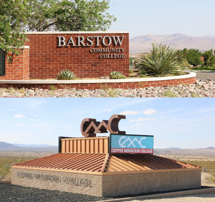 The gateway entry signs for Barstow Community College and Copper Mountain College in Joshua Tree put together in a photo montage.