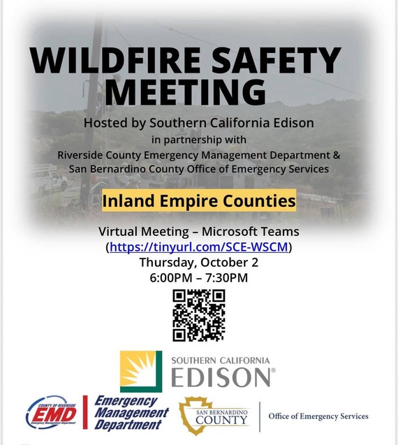 Poster announcing an online Southern California Edison Community Wildfire Safety meeting set for October 2, 2025. Contains a QR Code.