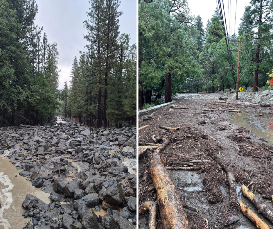 Montage shows rocks strewn across a road and downed tress across another, both in Forest Falls, California