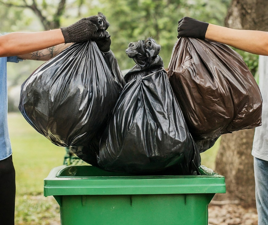 Two sets of hands (wearing gloves) drop a total of three trash bags into a green trash receptacle.
