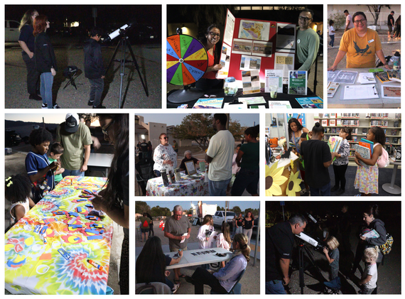 A community event collage featuring stargazing with telescopes, informational booths, and interactive activities for families and kids at night.